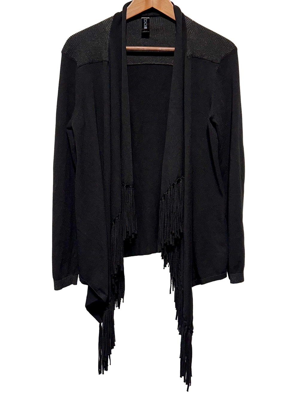 Royce Black Fringe Open Front Cardigan Elbow Patch Lightweight Knit M